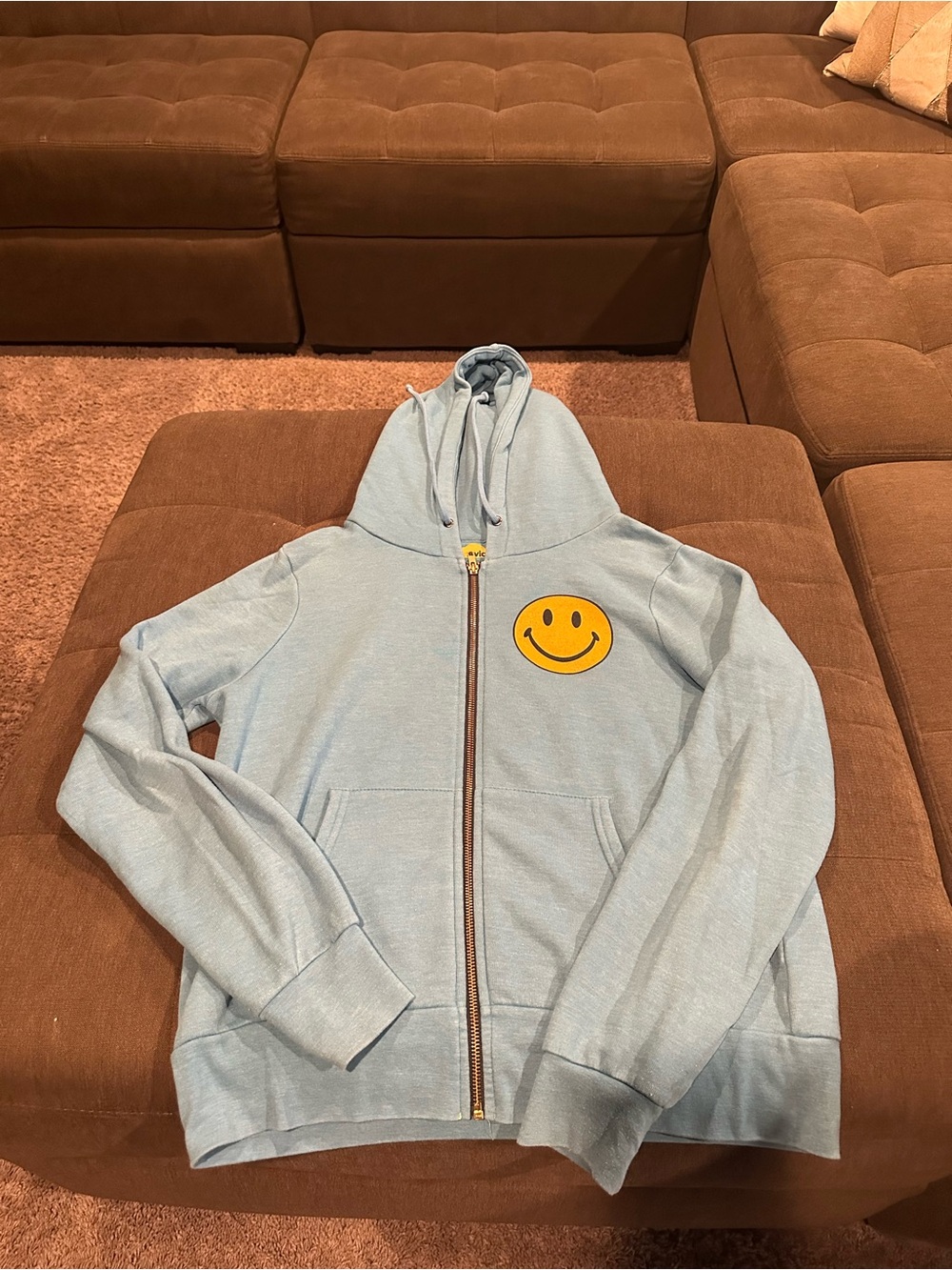 Aviator Nation Light Blue Zip Hoodie with Yellow Smiley Patch